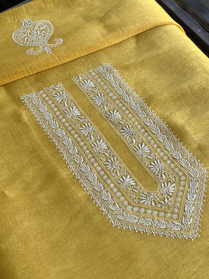Yellow Linen Chikankari Unstitched Men's Kurtas Fabric