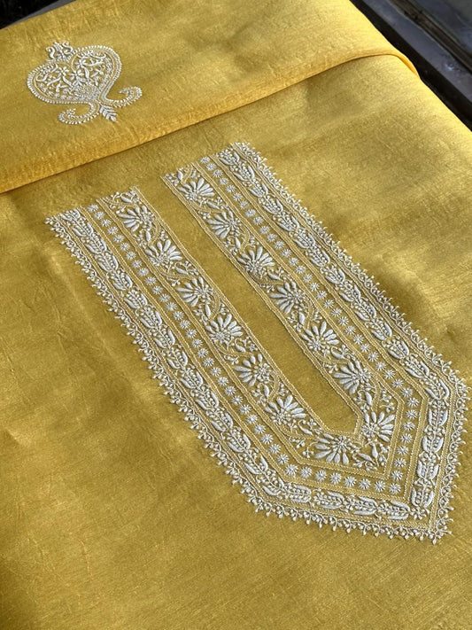 Yellow Linen Chikankari Unstitched Men's Kurtas Fabric