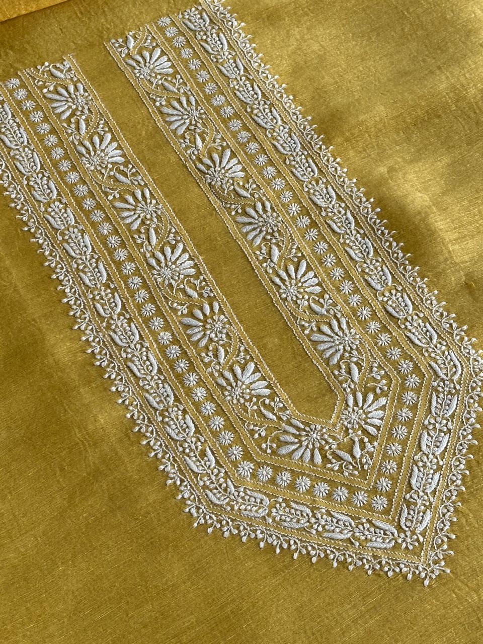 Yellow Linen Chikankari Unstitched Men's Kurtas Fabric