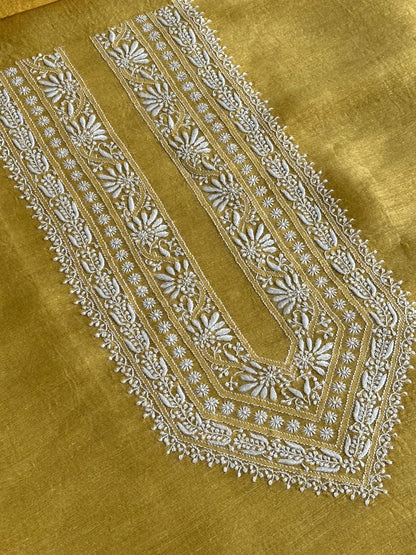 Yellow Linen Chikankari Unstitched Men's Kurtas Fabric