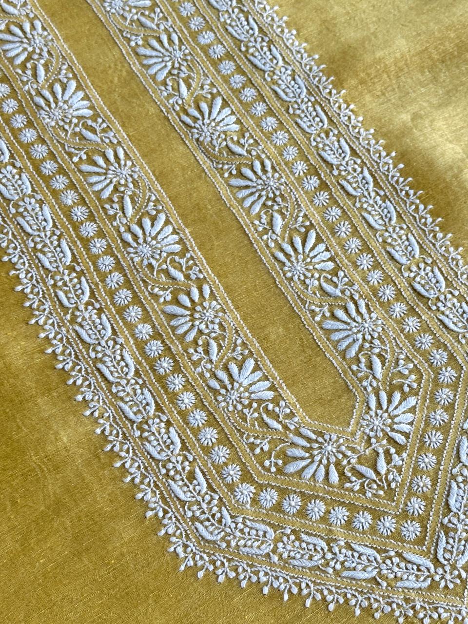 Yellow Linen Chikankari Unstitched Men's Kurtas Fabric