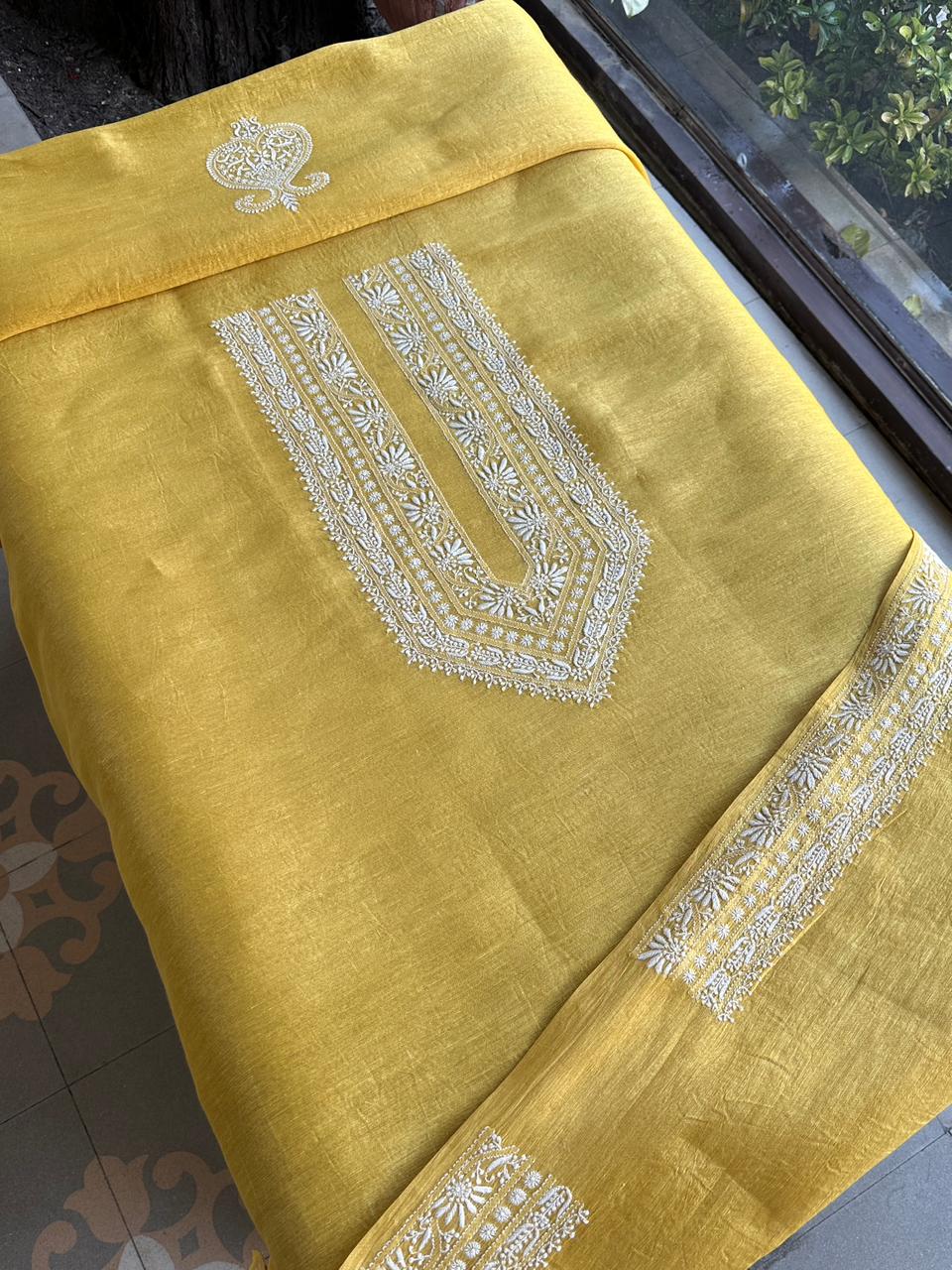 Yellow Linen Chikankari Unstitched Men's Kurtas Fabric