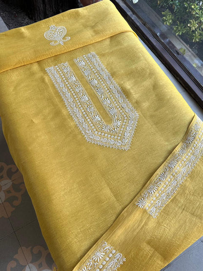 Yellow Linen Chikankari Unstitched Men's Kurtas Fabric