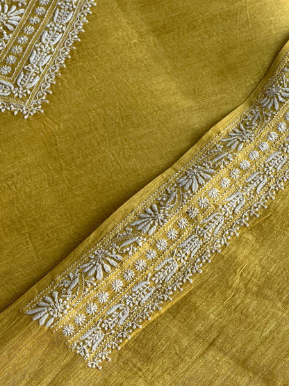 Yellow Linen Chikankari Unstitched Men's Kurtas Fabric
