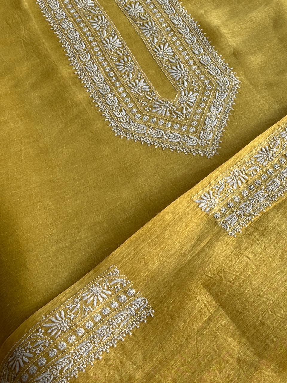 Yellow Linen Chikankari Unstitched Men's Kurtas Fabric