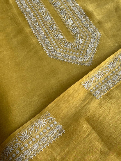 Yellow Linen Chikankari Unstitched Men's Kurtas Fabric