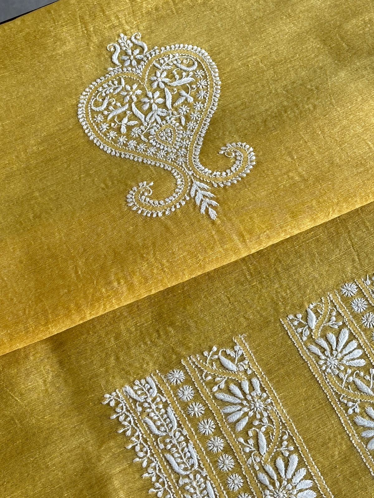 Yellow Linen Chikankari Unstitched Men's Kurtas Fabric
