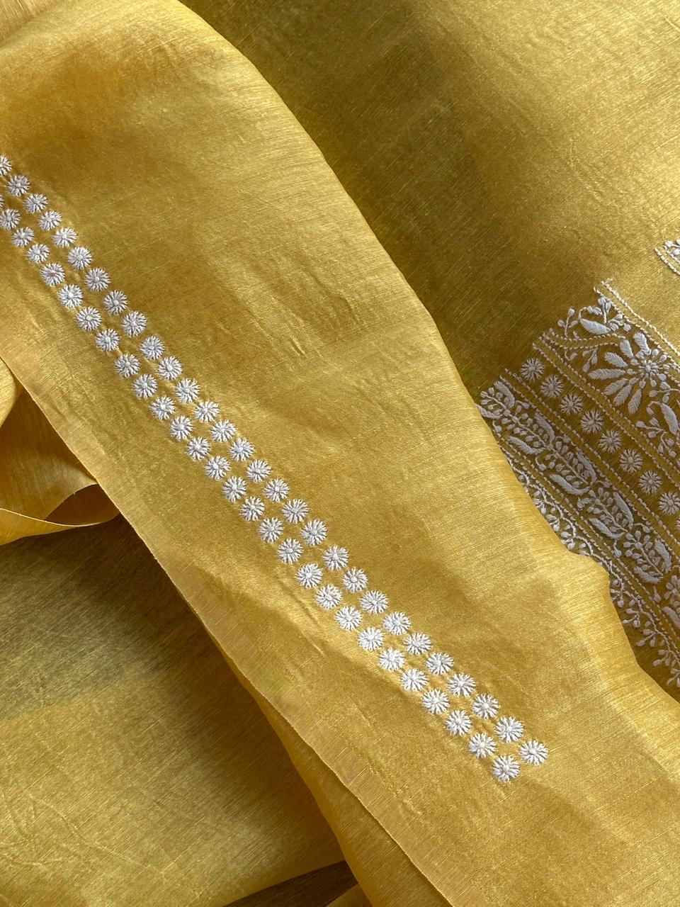Yellow Linen Chikankari Unstitched Men's Kurtas Fabric