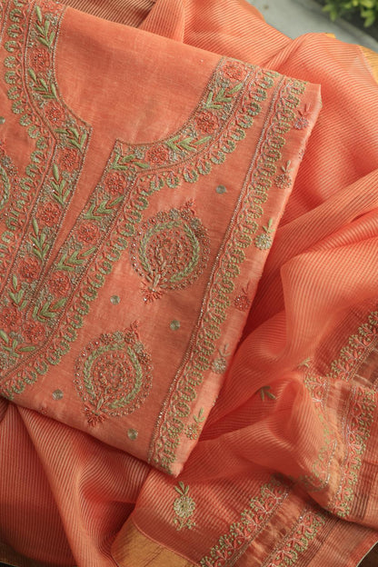 Peach Linen Silk Chikankari With Ari Work Unstitched Kurta Dupatta Set