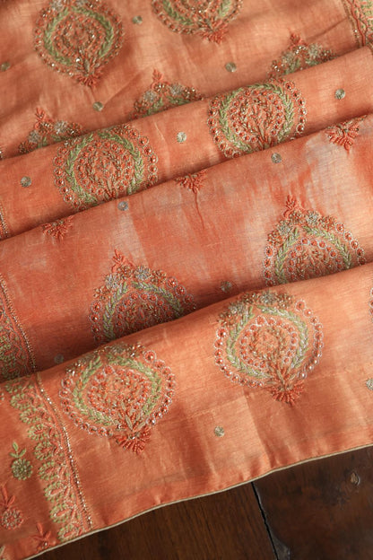 Peach Linen Silk Chikankari With Ari Work Unstitched Kurta Dupatta Set
