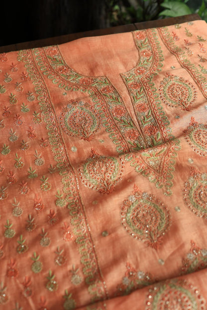 Peach Linen Silk Chikankari With Ari Work Unstitched Kurta Dupatta Set