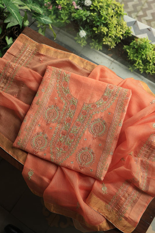 Peach Linen Silk Chikankari With Ari Work Unstitched Kurta Dupatta Set