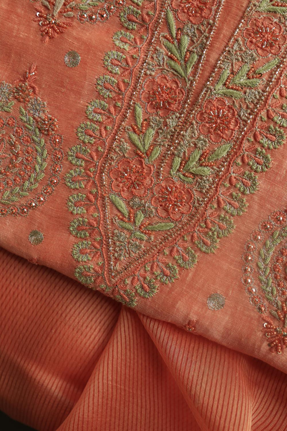 Peach Linen Silk Chikankari With Ari Work Unstitched Kurta Dupatta Set