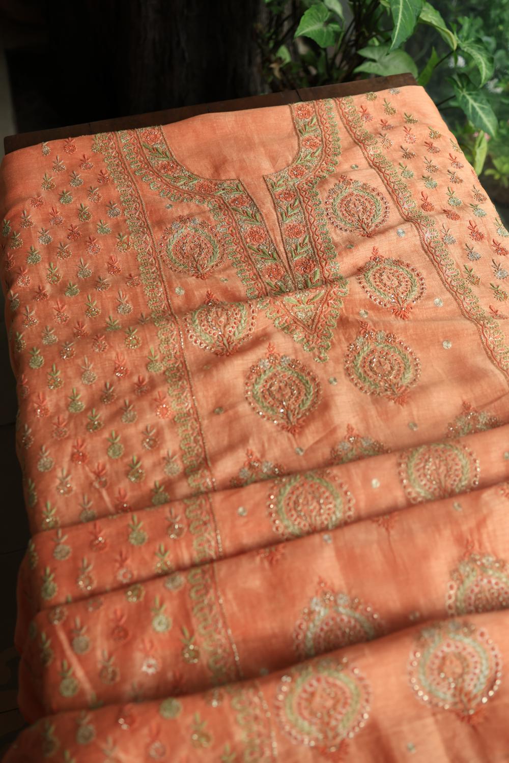 Peach Linen Silk Chikankari With Ari Work Unstitched Kurta Dupatta Set