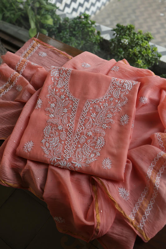 Peach Mal Cotton Chikankari Unstitched Kurta Dupatta Fabrics With Kamdani