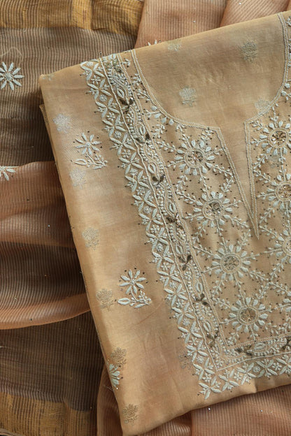 Peach Mal Cotton Fine Chikankari With Kamdani Work Unstitched Fabric