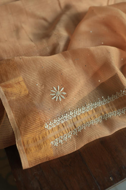 Peach Mal Cotton Fine Chikankari With Kamdani Work Unstitched Fabric