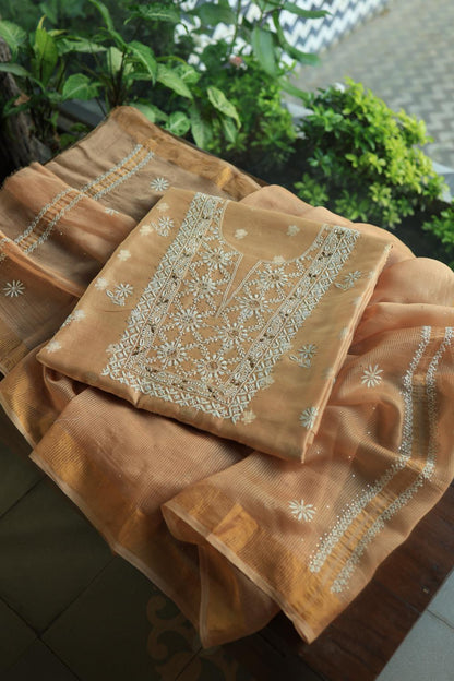 Peach Mal Cotton Fine Chikankari With Kamdani Work Unstitched Fabric