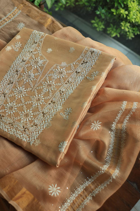 Peach Mal Cotton Fine Chikankari With Kamdani Work Unstitched Fabric