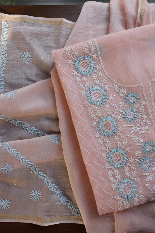 Peach Shade Malmal Pearl Work Chikankari Fabric
