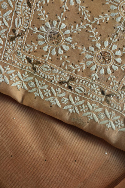 Peach Mal Cotton Fine Chikankari With Kamdani Work Unstitched Fabric