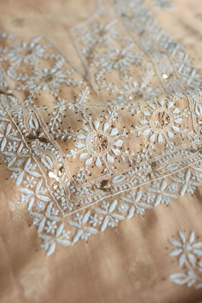 Peach Mal Cotton Fine Chikankari With Kamdani Work Unstitched Fabric