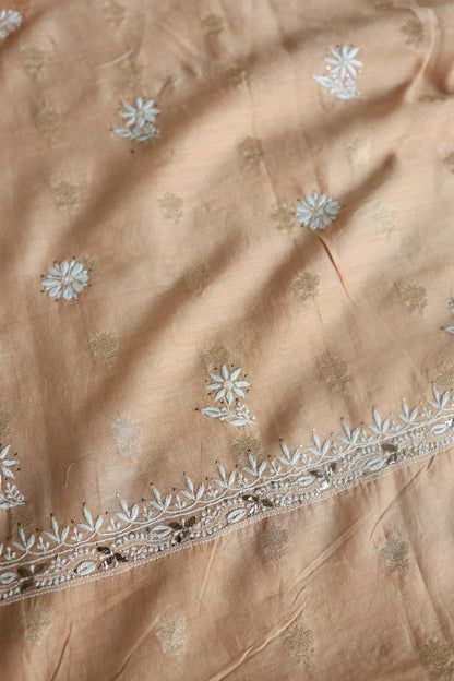 Peach Mal Cotton Fine Chikankari With Kamdani Work Unstitched Fabric