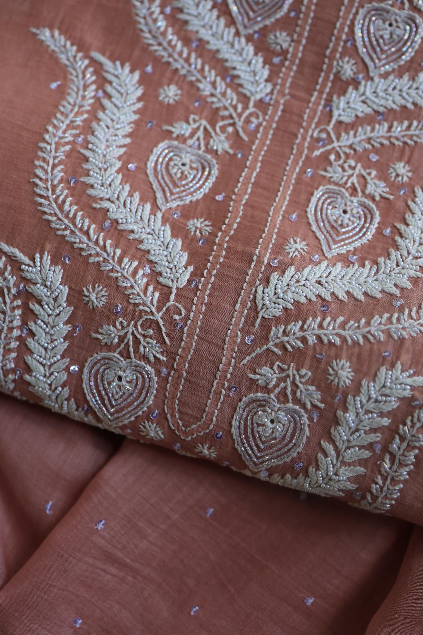 Peach Malmals Pearl Work Chikankari Fabrics