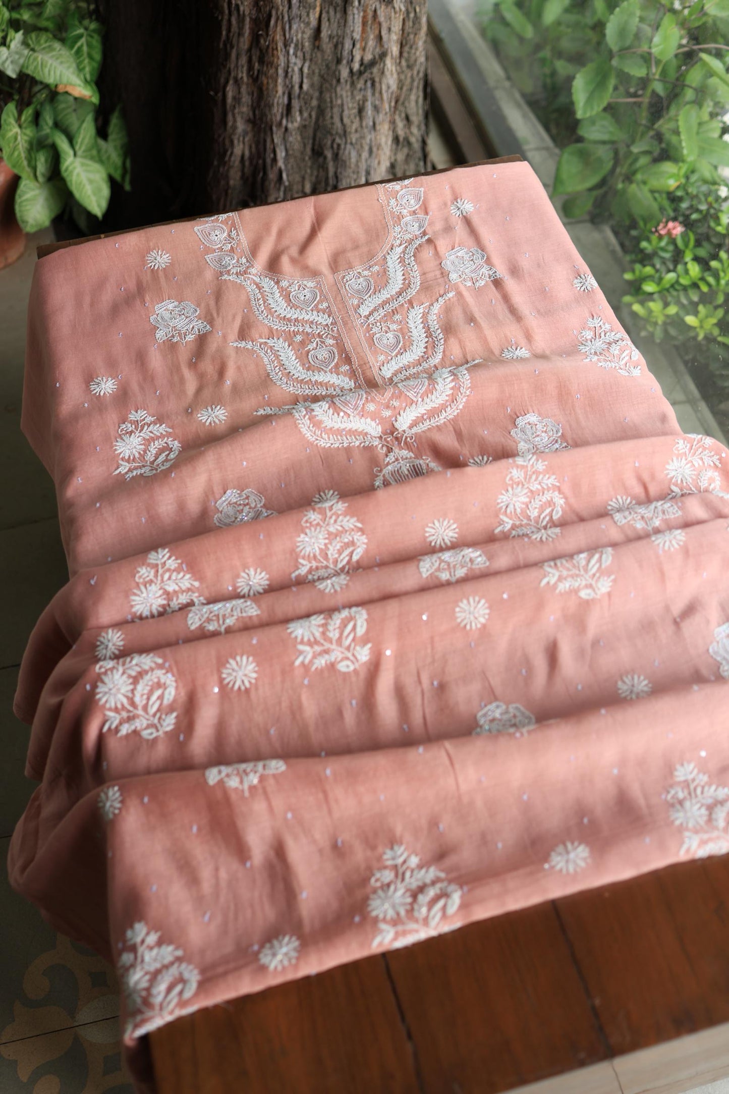 Peach Malmals Pearl Work Chikankari Fabrics