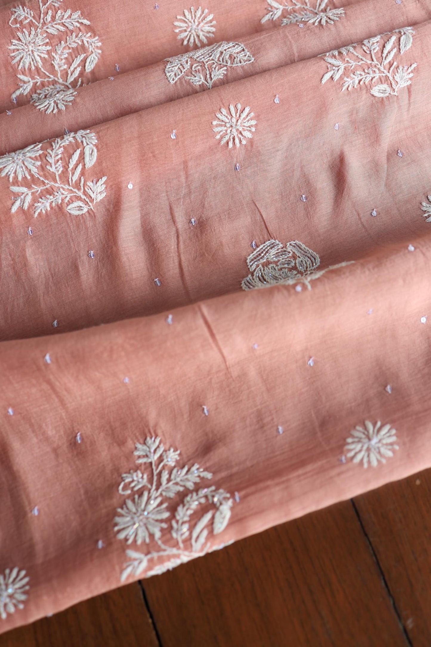 Peach Malmals Pearl Work Chikankari Fabrics