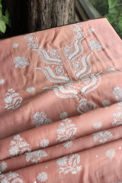 Peach Malmals Pearl Work Chikankari Fabrics