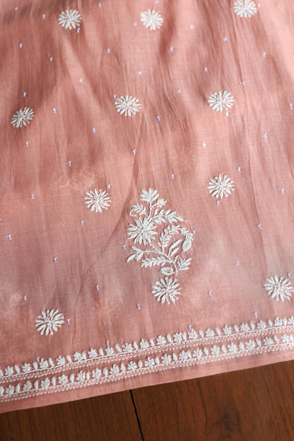 Peach Malmals Pearl Work Chikankari Fabrics