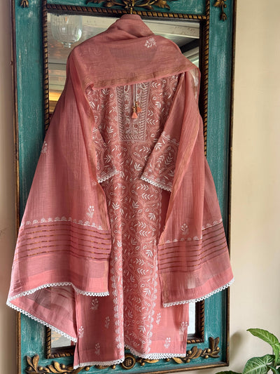 Peach Mul Chanderi Mukaish Kamdani Chikankari Stitched Kurta Dupatta Set