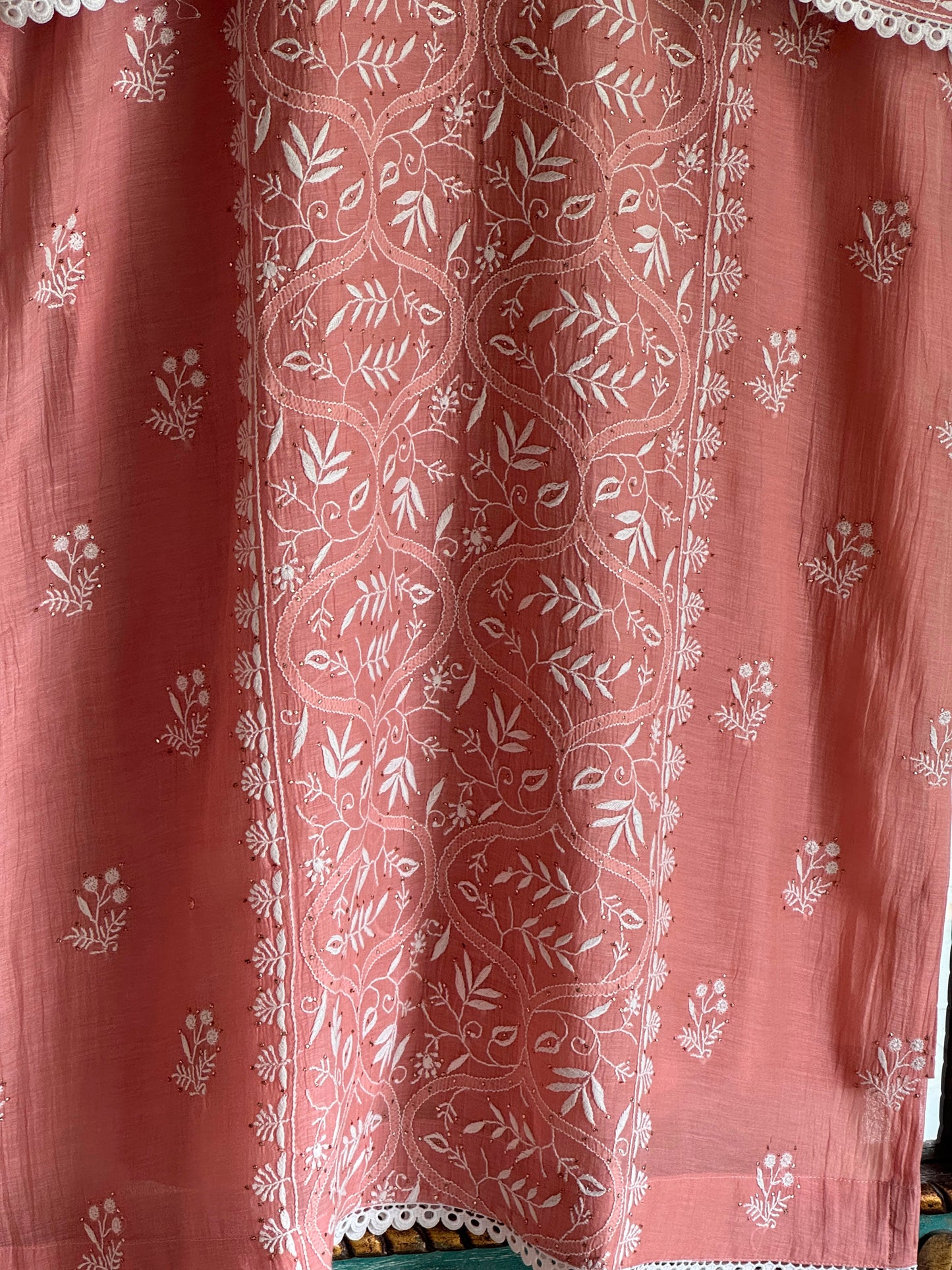 Peach Mul Chanderi Mukaish Kamdani Chikankari Stitched Kurta Dupatta Set