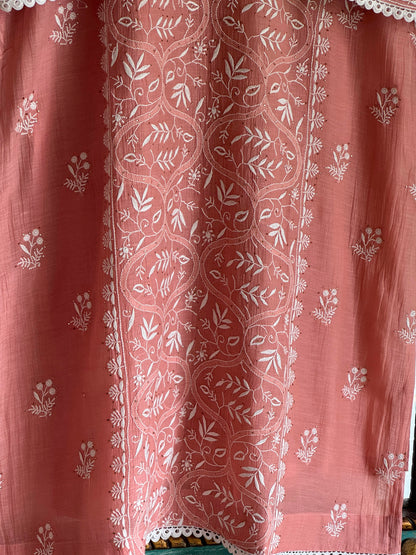 Peach Mul Chanderi Mukaish Kamdani Chikankari Stitched Kurta Dupatta Set