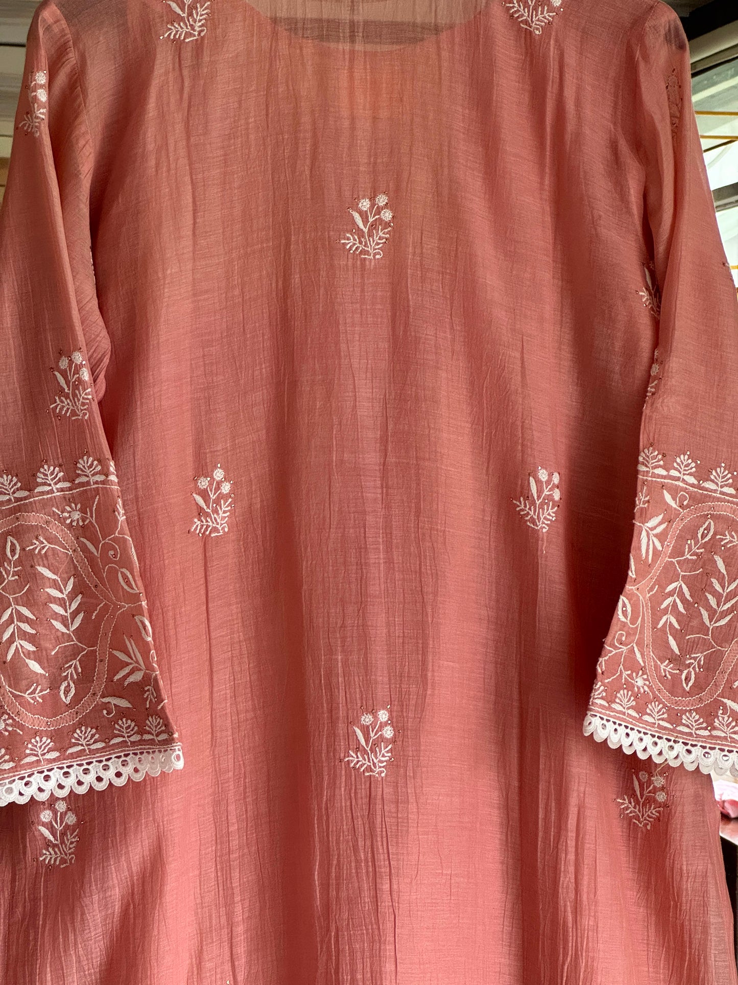 Peach Mul Chanderi Mukaish Kamdani Chikankari Stitched Kurta Dupatta Set