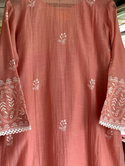 Peach Mul Chanderi Mukaish Kamdani Chikankari Stitched Kurta Dupatta Set