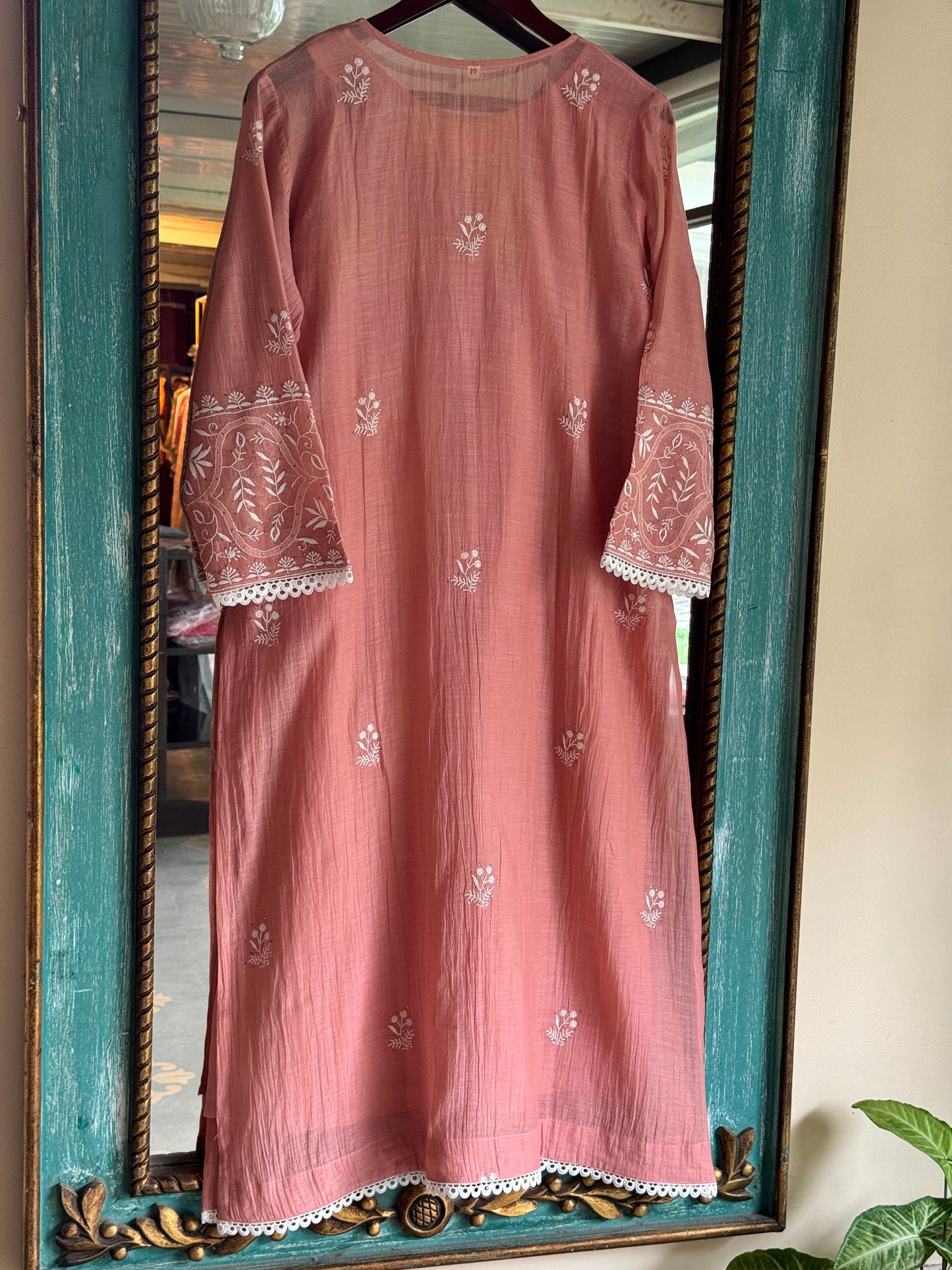 Peach Mul Chanderi Mukaish Kamdani Chikankari Stitched Kurta Dupatta Set