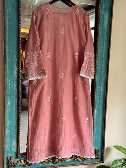 Peach Mul Chanderi Mukaish Kamdani Chikankari Stitched Kurta Dupatta Set