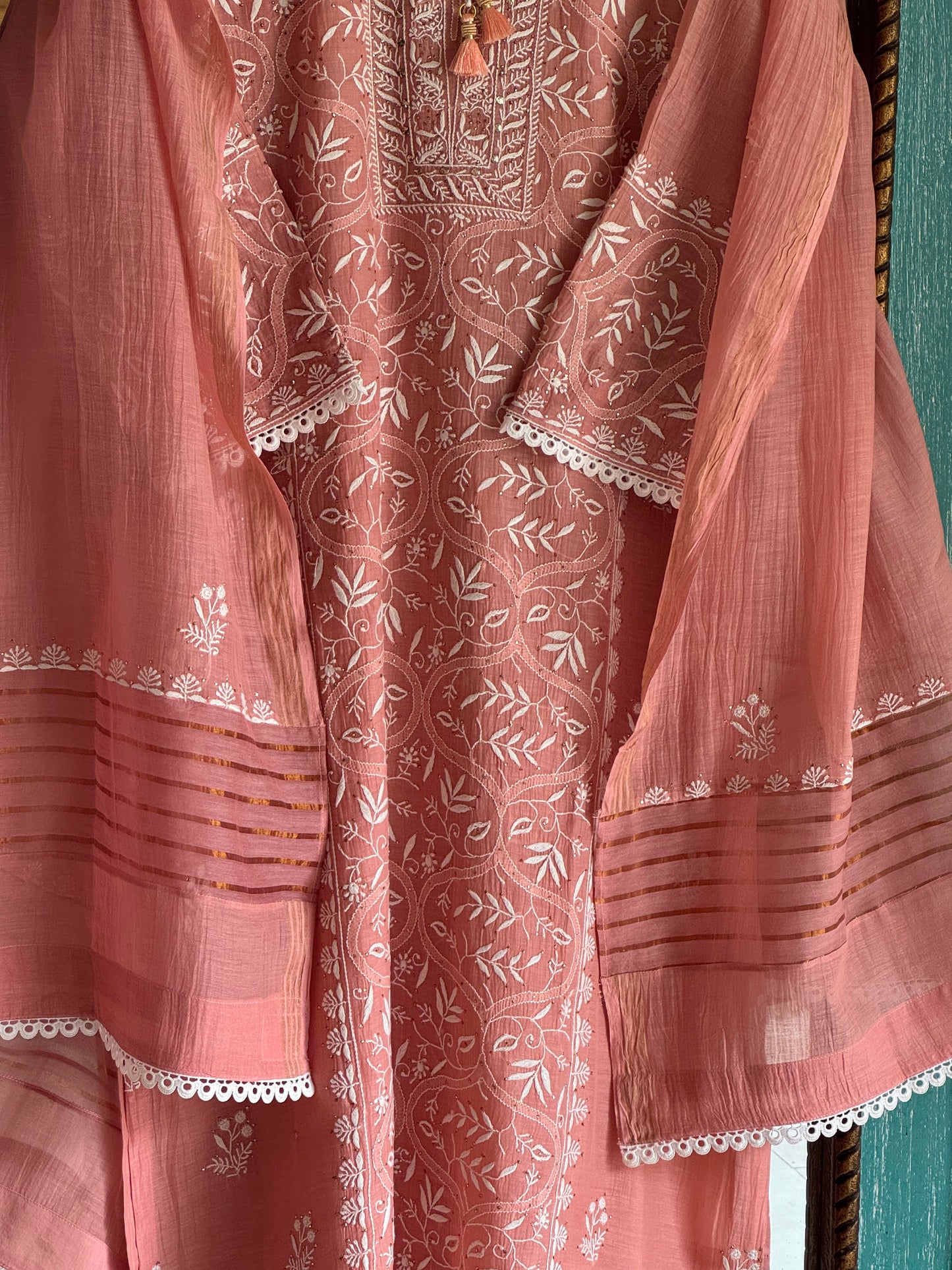 Peach Mul Chanderi Mukaish Kamdani Chikankari Stitched Kurta Dupatta Set