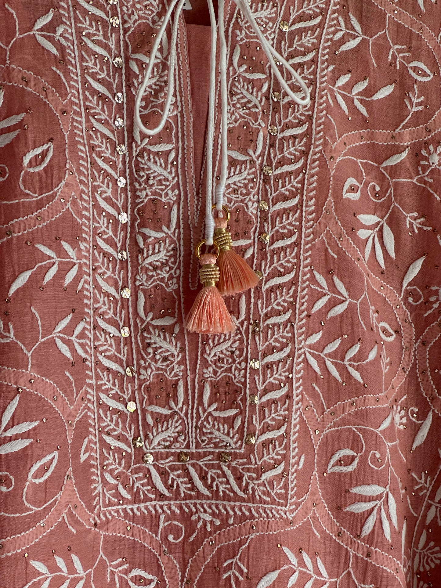 Peach Mul Chanderi Mukaish Kamdani Chikankari Stitched Kurta Dupatta Set