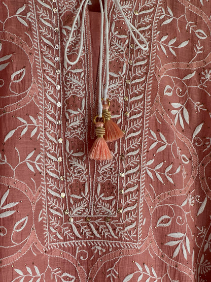 Peach Mul Chanderi Mukaish Kamdani Chikankari Stitched Kurta Dupatta Set