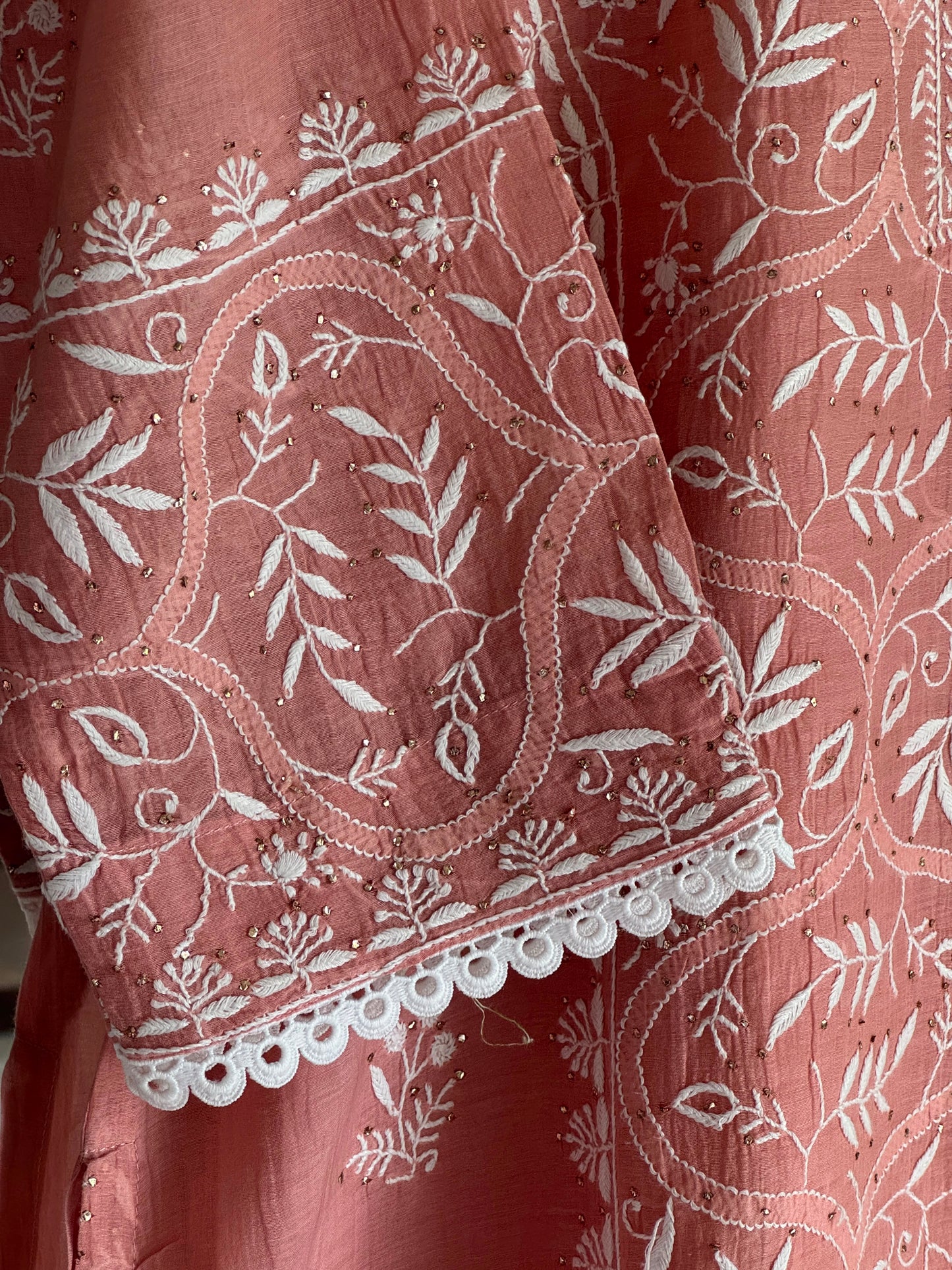 Peach Mul Chanderi Mukaish Kamdani Chikankari Stitched Kurta Dupatta Set