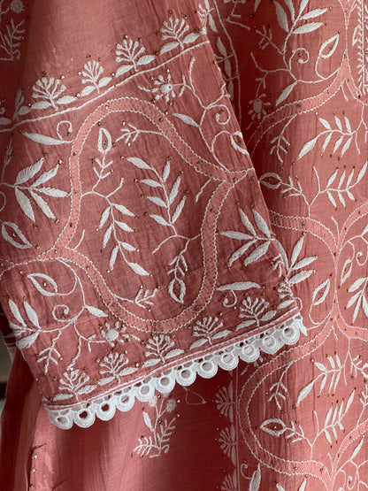 Peach Mul Chanderi Mukaish Kamdani Chikankari Stitched Kurta Dupatta Set