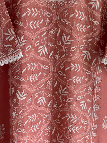 Peach Mul Chanderi Mukaish Kamdani Chikankari Stitched Kurta Dupatta Set