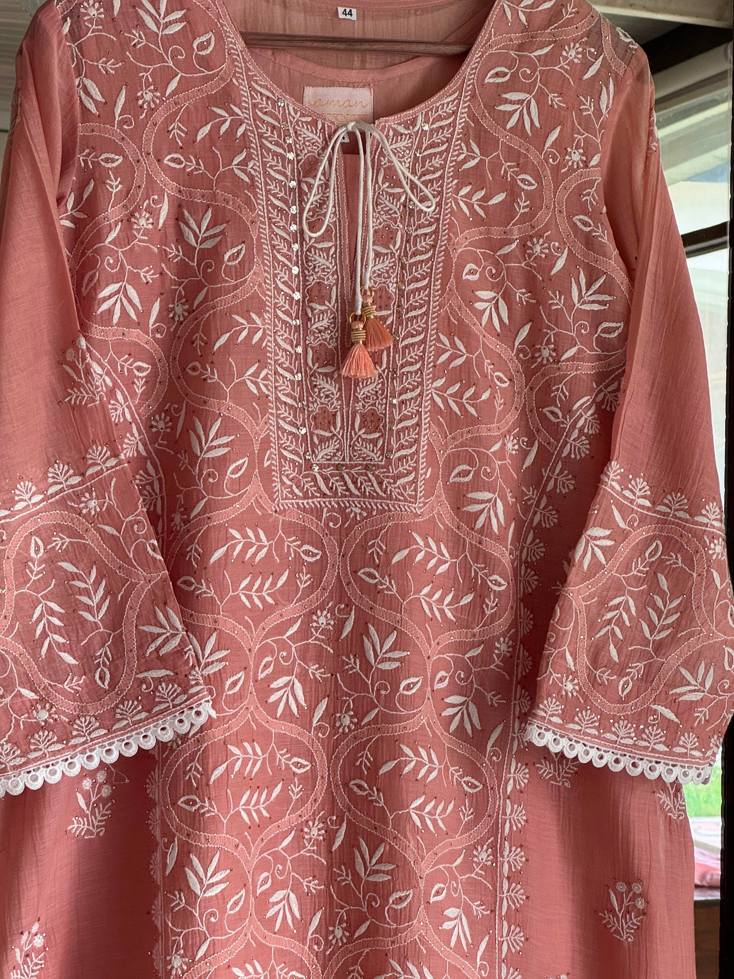 Peach Mul Chanderi Mukaish Kamdani Chikankari Stitched Kurta Dupatta Set