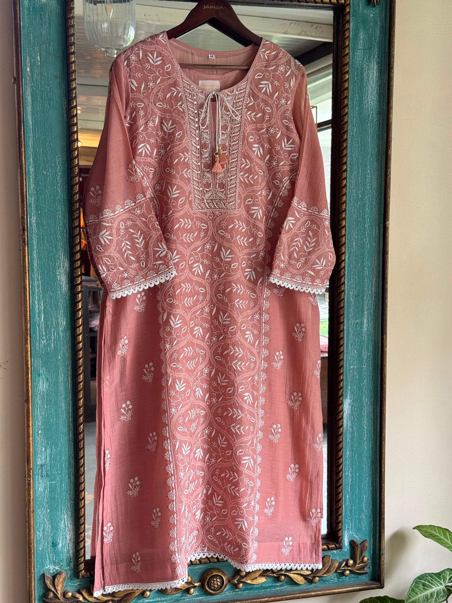 Peach Mul Chanderi Mukaish Kamdani Chikankari Stitched Kurta Dupatta Set