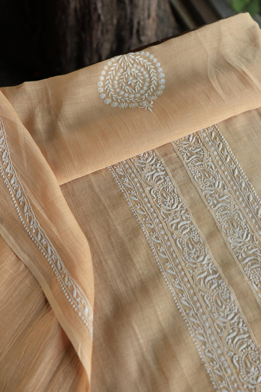Peach Mulmul Chikankari Men's Kurtas Fabric