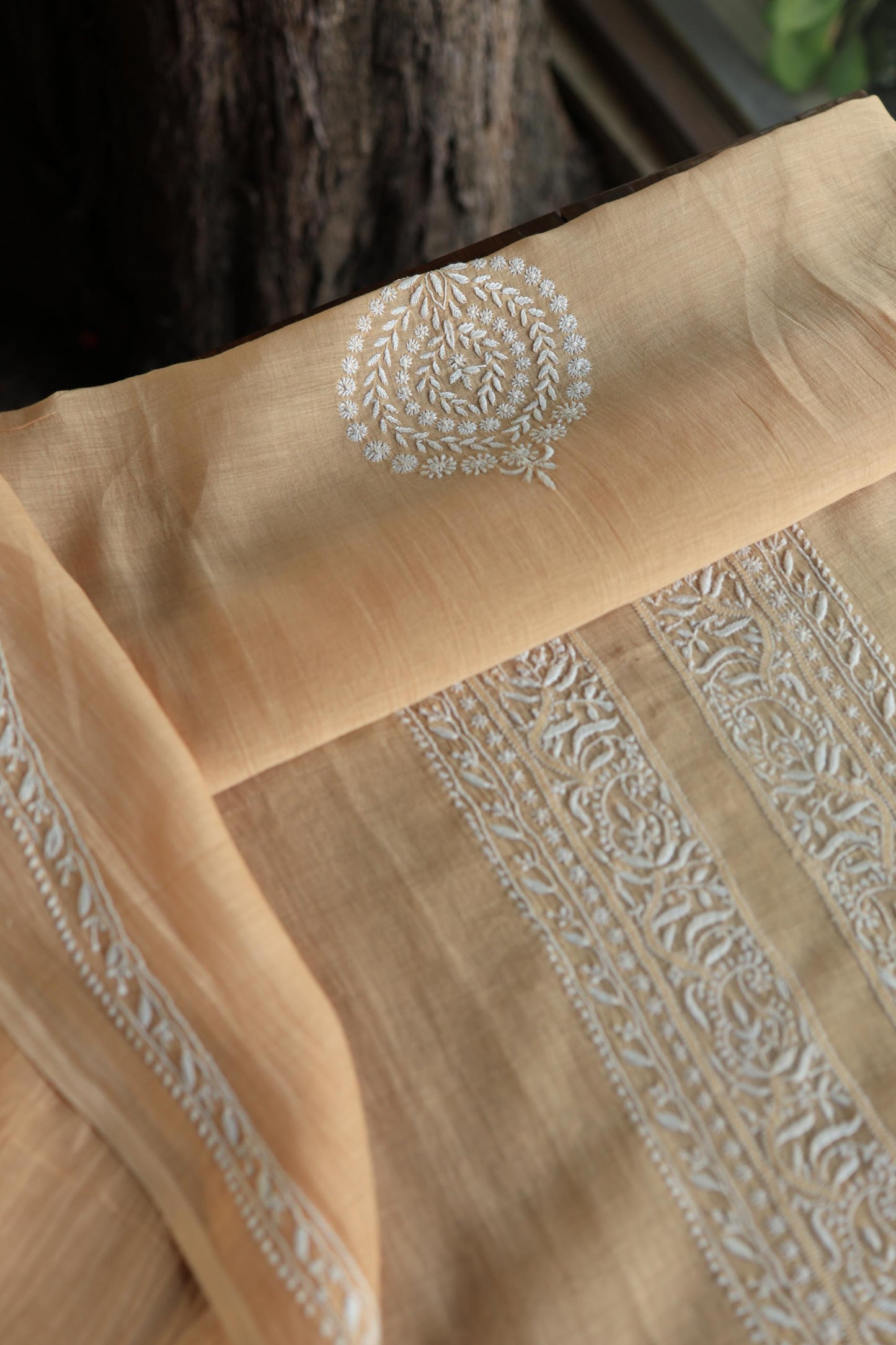 Peach Mulmul Chikankari Men's Kurtas Fabric