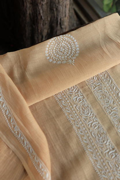 Peach Mulmul Chikankari Men's Kurtas Fabric